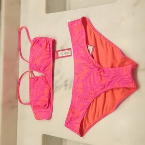 Xhilaration Coral Neon Leaf Print tropical bikini - Size: M TOP & L Bottom